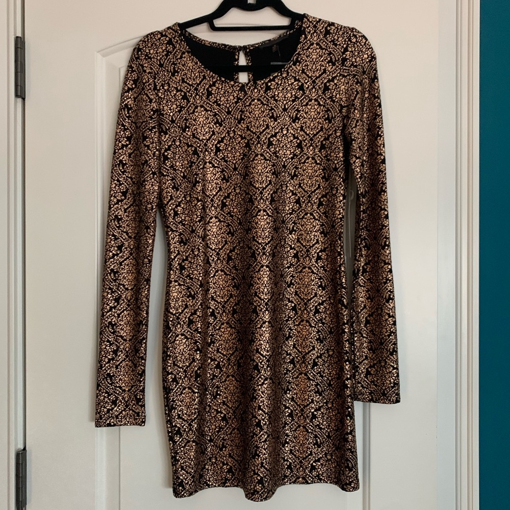 Black/bronze brocade patterned mini dress